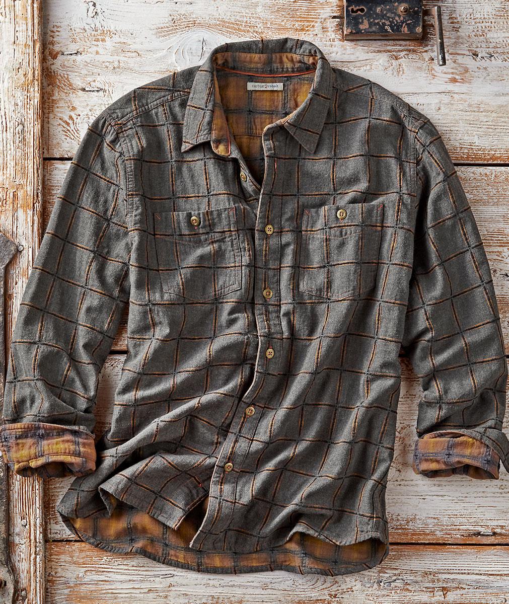 Men's Long-Sleeve Emberglow Plaid Shirt in 100% Cotton | Carbon2Cobalt