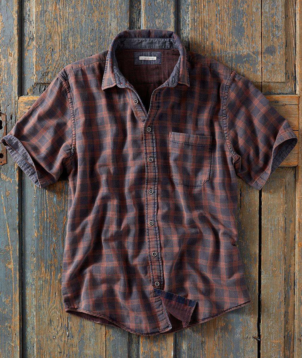 Carbon2Cobalt Orange Grey Plaid Woven Short Sleeve Men's Kiln Double Cloth Shirt (front view)
