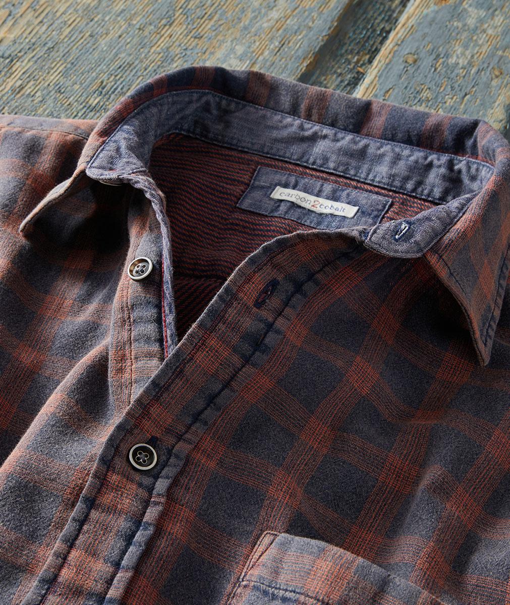 Carbon2Cobalt Orange Grey Plaid Woven Short Sleeve Men's Kiln Double Cloth Shirt (interior collar view)