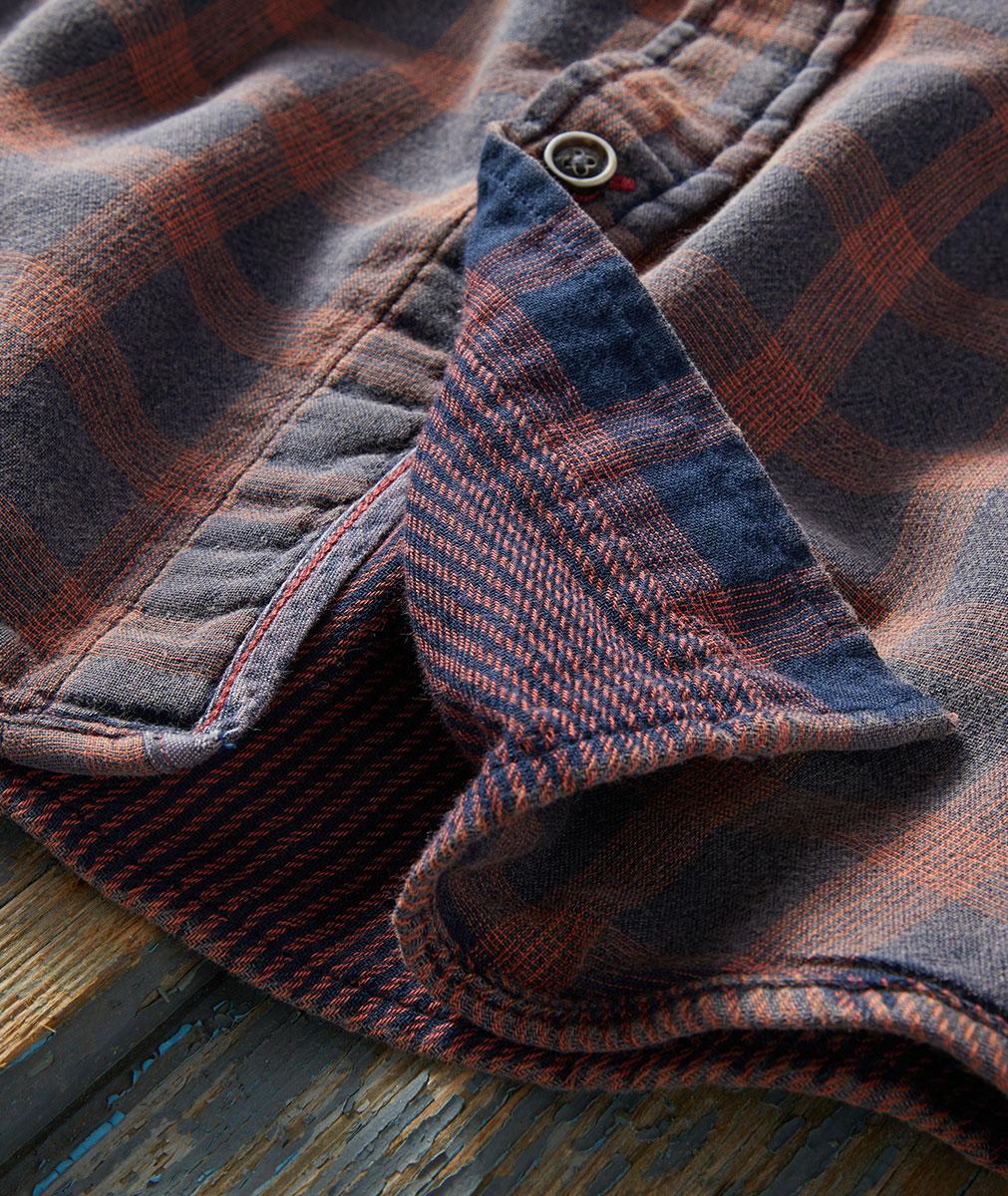 Carbon2Cobalt Orange Grey Plaid Woven Short Sleeve Men's Kiln Double Cloth Shirt (interior bottom hem view)