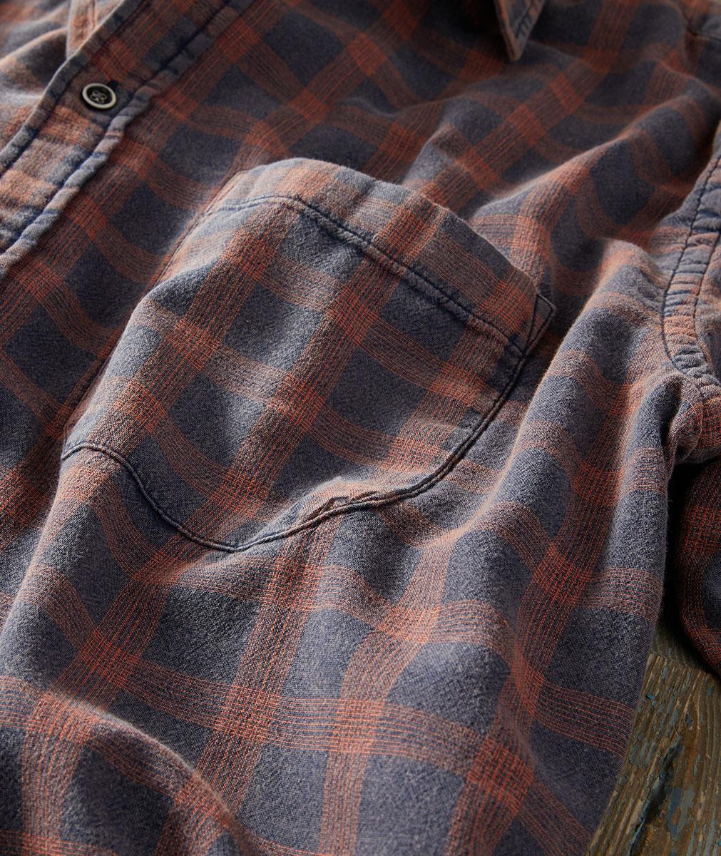 Carbon2Cobalt Orange Grey Plaid Woven Short Sleeve Men's Kiln Double Cloth Shirt (detail chest pocket view)