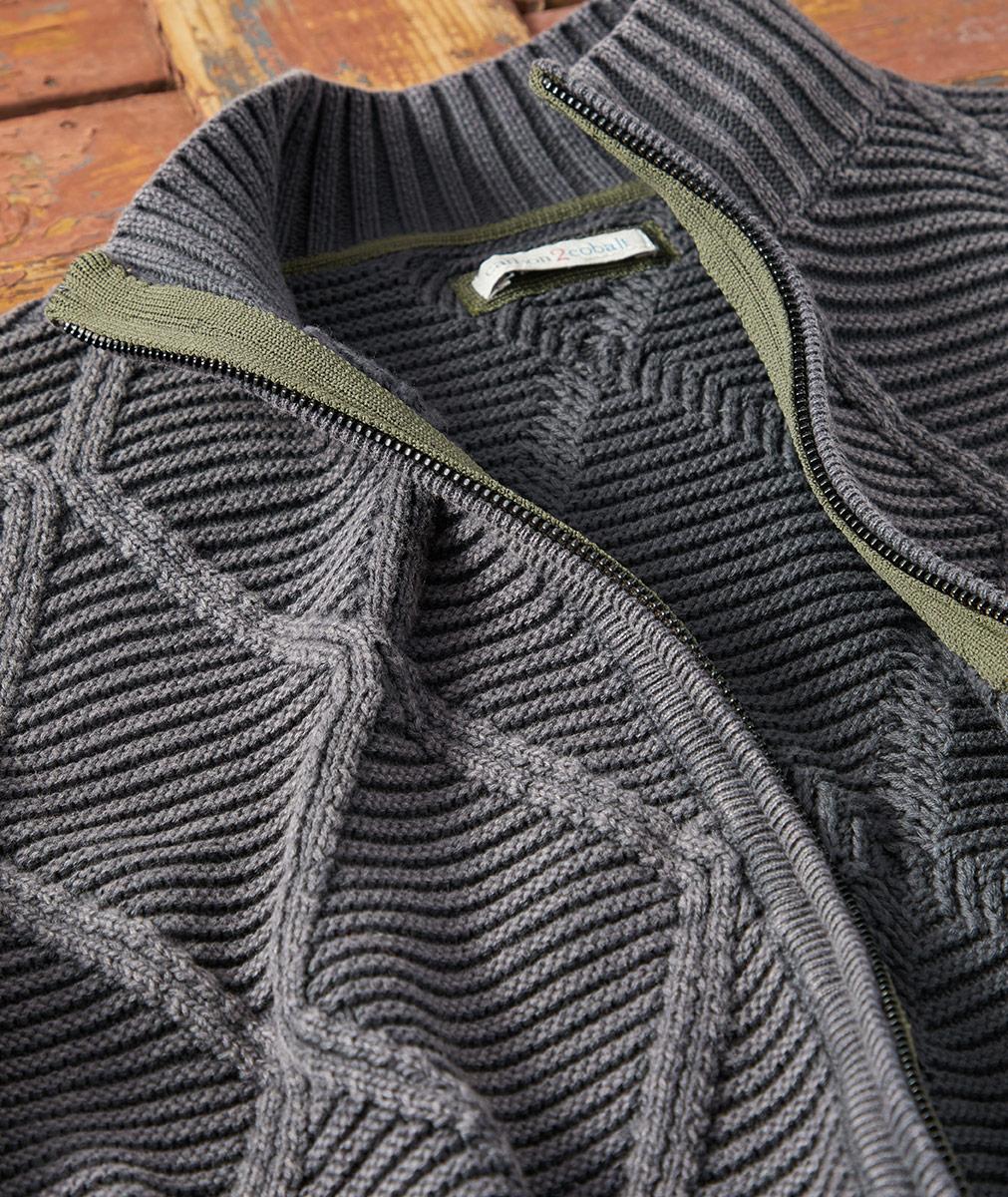 Men's Long-Sleeve Diamond Zip Cable Sweater | Carbon2Cobalt